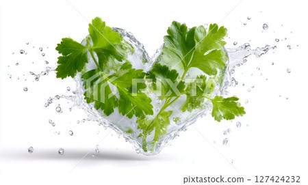 Heart-shaped splash with fresh green parsley leaves and water droplets. 127424232
