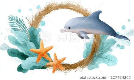 Dolphin with starfish and sea plants in a nautical wreath design. 127424263