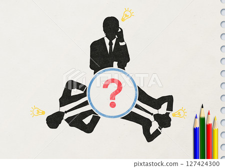 用鉛筆在筆記本上繪製的圍繞圓桌工作的商人的剪影插圖 用鉛筆在筆記本上繪製的圍繞圓桌工作的商人的剪影插圖 127424300