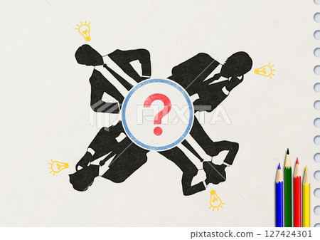 用鉛筆在筆記本上繪製的圍繞圓桌工作的商人的剪影插圖 用鉛筆在筆記本上繪製的圍繞圓桌工作的商人的剪影插圖 127424301