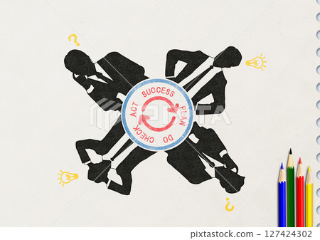 Silhouette illustration of businessmen working in a group around a round table drawn with pencil on a notebook Silhouette illustration of businessmen working in a group around a round table drawn with pencil on a notebook 127424302