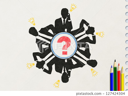 Silhouette illustration of businessmen working in a group around a round table drawn with pencil on a notebook Silhouette illustration of businessmen working in a group around a round table drawn with pencil on a notebook 127424304