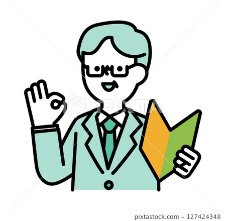 Vector illustration of a smiling senior man posing positively while holding a beginner's mark 127424348