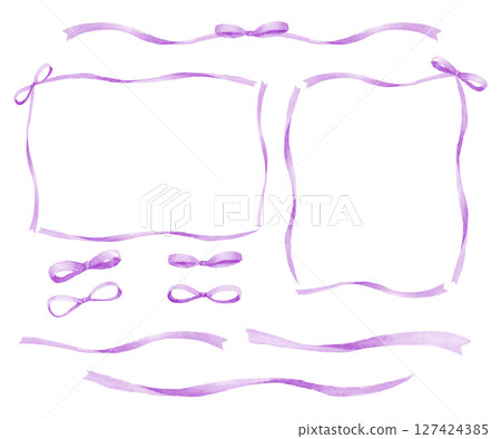 Purple ribbon frame material set painted with watercolors Purple ribbon frame material set painted with watercolors 127424385