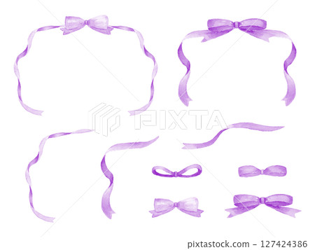 Purple ribbon frame material set painted with watercolors 127424386