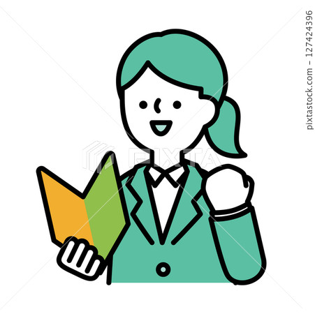 Vector illustration of a business woman in a suit cheering with a smile, holding a beginner's mark 127424396