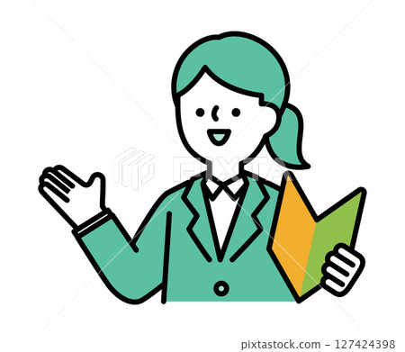 在向量圖上，一位穿著西裝的女士拿著初學者的成績，面帶微笑，邊說邊說 127424398