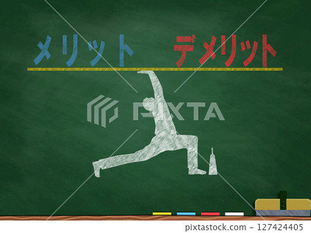 Silhouette illustration of businessman keeping balance between advantages and disadvantages in business concept drawn with chalk on blackboard 127424405