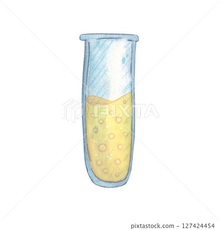 Laboratory test tube with yellow solution inside. Watercolor illustration hand drawn cartoon. Drawing for textiles, for paper, cards and invitations. science, school, laboratory, dishes, liquid, bio 127424454