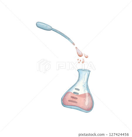 Laboratory flask with red liquid and pipette with drops. Watercolor hand drawn cartoon illustration. Drawing for posters, cards and infographics. science, school, laboratory, research, biology 127424456