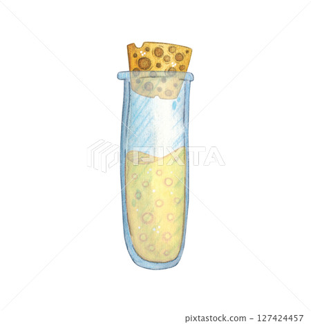 Laboratory test tube with yellow solution inside closed with a stopper. Watercolor illustration hand drawn cartoon. Drawing for textiles, for paper, cards and invitations. science, school, laboratory Laboratory test tube with yellow solution inside closed with a stopper. Watercolor illustration hand drawn cartoon. Drawing for textiles, for paper, cards and invitations. science, school, laboratory 127424457