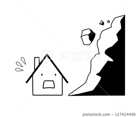 A simple black and white illustration of a house in a panic due to a landslide 127424486