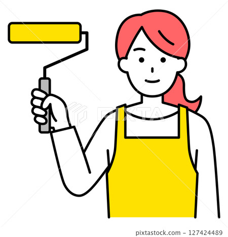 穿著圍裙、手持油漆滾筒的女子 127424489