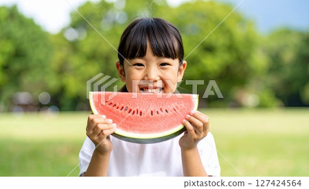 AI image: Child eating watermelon AI image: Child eating watermelon 127424564