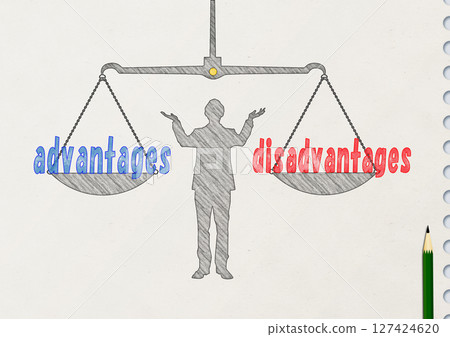 Silhouette illustration of a businessman keeping a balance between advantages and disadvantages in a business concept drawn on a sketchbook 127424620