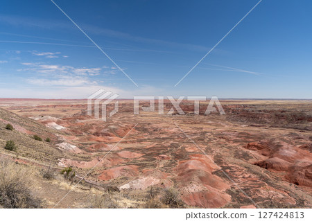 Painted desert landscape in Petrified Forest National Park under clear skies 127424813