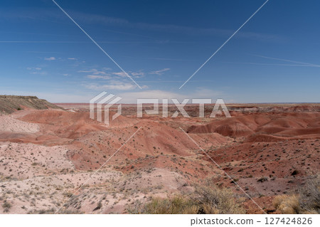 Painted desert landscape in Petrified Forest National Park under clear skies 127424826