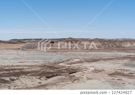 Eroded Desert Landscape at Petrified Forest National Park Under Clear Blue Sky 127424827