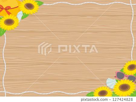 帶有夏季主題的向日葵、草帽和繩索的框架插圖_水平_棕色 帶有夏季主題的向日葵、草帽和繩索的框架插圖_水平_棕色 127424828