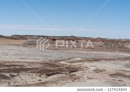 Eroded Desert Landscape at Petrified Forest National Park Under Clear Blue Sky Eroded Desert Landscape at Petrified Forest National Park Under Clear Blue Sky 127424844