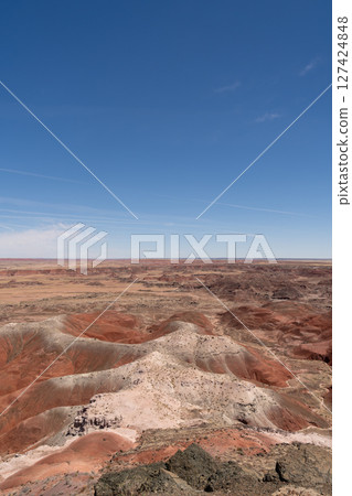 Painted desert landscape in Petrified Forest National Park under clear skies Painted desert landscape in Petrified Forest National Park under clear skies 127424848