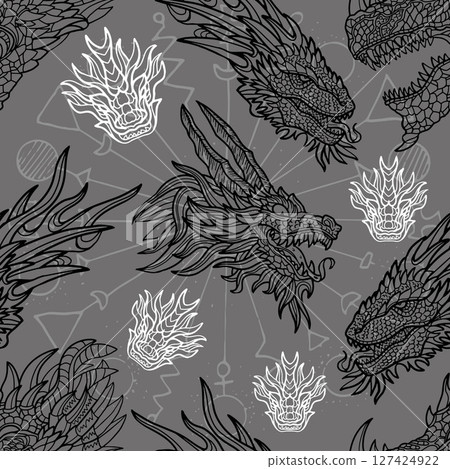 Seamless pattern with fantasy illustrations of dragons and decorated elements. Vector line art background with mystic, epic and adventures concept  127424922