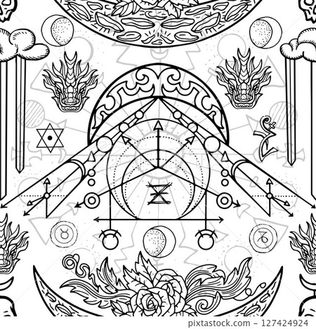 Seamless pattern with fantasy illustrations of moon, rose, sacred geometry, mystic symbols and decorated elements. Vector line art background with vintage, epic and adventures concept Seamless pattern with fantasy illustrations of moon, rose, sacred geometry, mystic symbols and decorated elements. Vector line art background with vintage, epic and adventures concept 127424924
