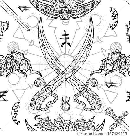 Seamless pattern with fantasy illustrations of swords, demons, mystic signs and decorated elements. Vector line art background with vintage, epic and adventures concept  127424925