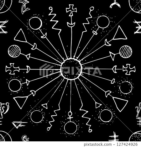 Seamless pattern with fantasy and mystic symbols, sacred geometry and decorated elements on black. Vector line art background with vintage, epic and adventures concept  127424926