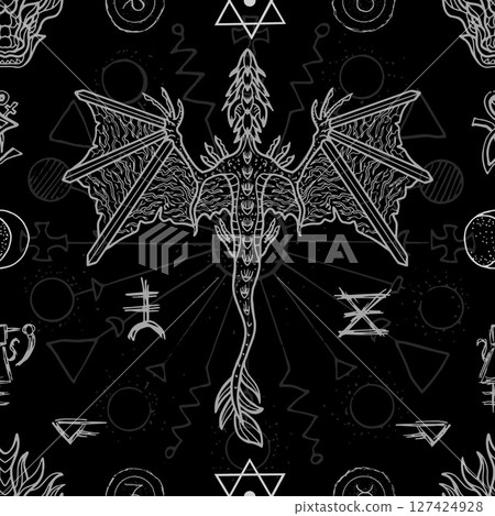 Seamless pattern with fantasy illustrations of dragon, sacred geometry, mystic symbols and decorated elements. Vector line art background with vintage, epic and adventures concept  127424928