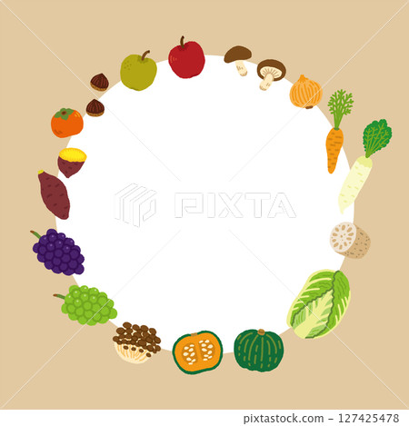 Autumn harvest festival themed vegetable and fruit illustration frame (circular) 127425478