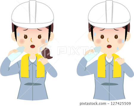 穿著工作服的男女上身採取防暑措施 127425509