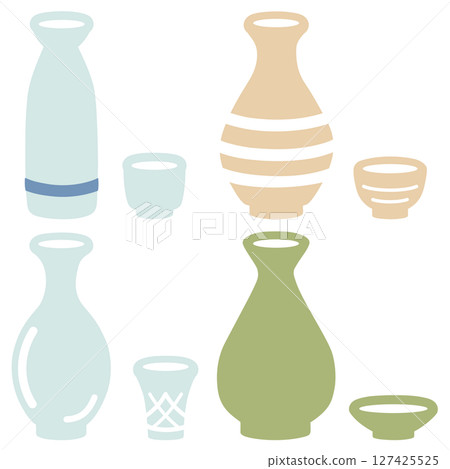 Sake bottle and sake cup illustration set Sake bottle and sake cup illustration set 127425525