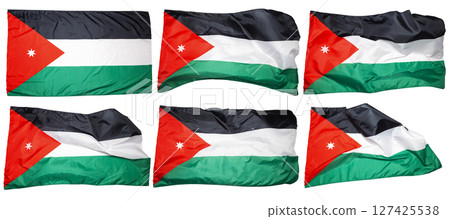 Collection set of Jordan national flag waving isolated over a white background. Concept of government and nationality Collection set of Jordan national flag waving isolated over a white background. Concept of government and nationality 127425538