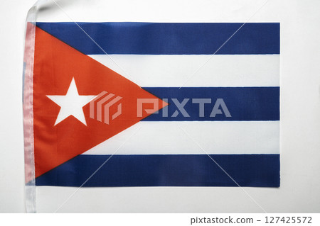 Closeup view of the Cuba national flag isolated over a white background. Concept of government and nationality 127425572