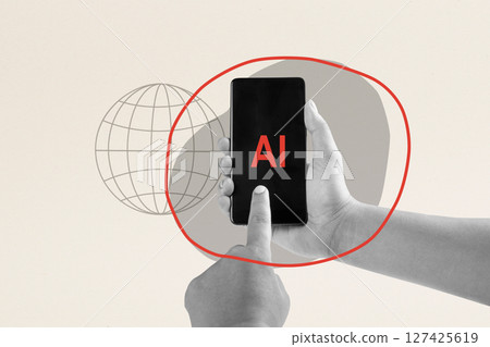 Human hand touches an AI sign on a cellphone screen with a colored background. Concept of Business AI or Artificial Intelligence Technology. Collage art Human hand touches an AI sign on a cellphone screen with a colored background. Concept of Business AI or Artificial Intelligence Technology. Collage art 127425619