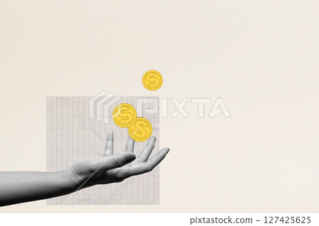 Human hand showing golden dollar coins with colored background. Concept of business financial planning. Collage art 127425625
