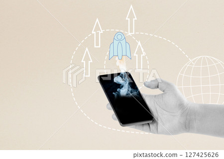 Human hand showing a flying rocket with an upward arrow from a cellphone screen. Concept of business financial planning. Collage art 127425626