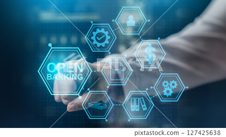 Businesswoman touching the scheme icon of open banking. Technology innovation on the virtual screen. Concept of financial technology 127425638
