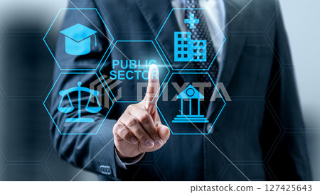 Businessman touching public sector icon. Technology innovation on a virtual screen. Concept of public sector governance 127425643