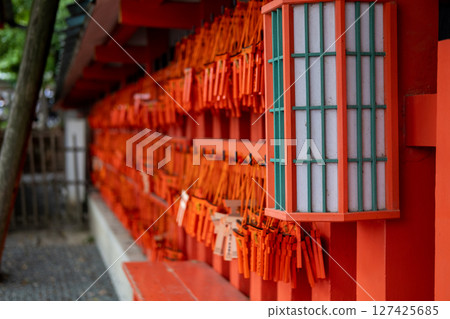 Japanese lanterns with a background of prayer in a Japanese temple 127425685
