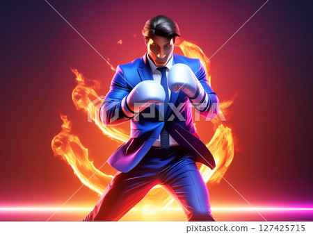 商人帶著拳擊手套打架的 3d 插圖 商人帶著拳擊手套打架的 3d 插圖 127425715