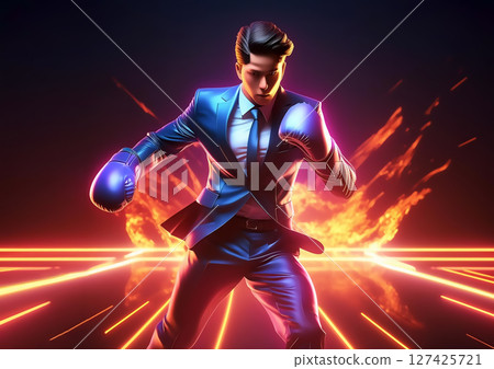 商人帶著拳擊手套打架的 3d 插圖 127425721