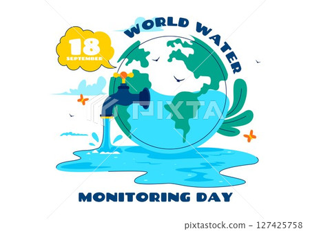 World Water Monitoring Day Vector Illustration with Droplets and Planet Earth for Awareness and Protection of Water Resources in a Background 127425758