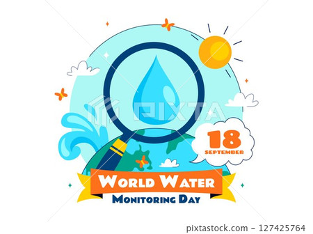 World Water Monitoring Day Vector Illustration with Droplets and Planet Earth for Awareness and Protection of Water Resources in a Background 127425764