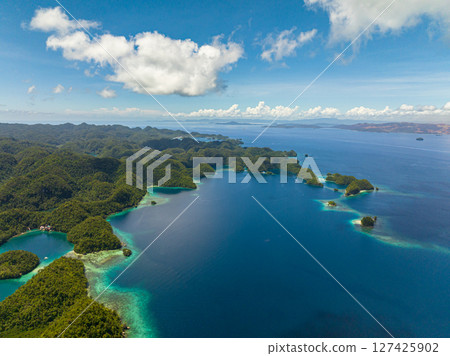 Cluster of small islets with lagoons in Sohoton Cove. Bucas Grande Island. Mindanao, Philippines. Cluster of small islets with lagoons in Sohoton Cove. Bucas Grande Island. Mindanao, Philippines. 127425902