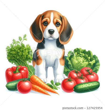 Illustration of summer vegetables and a beagle puppy 3 / Material for flyers and posters Illustration of summer vegetables and a beagle puppy 3 / Material for flyers and posters 127425954