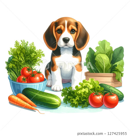 Illustration 4 of summer vegetables and a beagle puppy / flyer and poster material Illustration 4 of summer vegetables and a beagle puppy / flyer and poster material 127425955