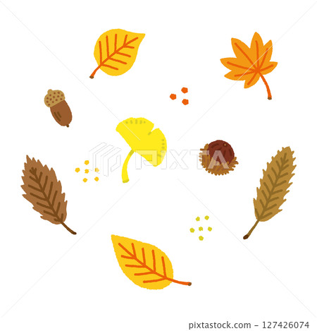 一組手繪的秋葉和橡實插圖 127426074