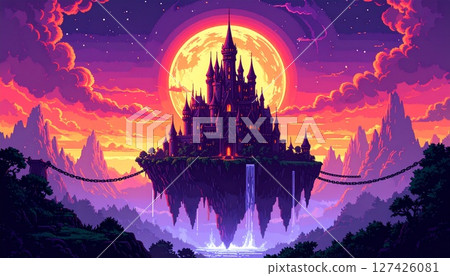 復古遊戲風格自然像素藝術背景(漂浮的惡魔城堡)生成式人工智慧 復古遊戲風格自然像素藝術背景(漂浮的惡魔城堡)生成式人工智慧 127426081